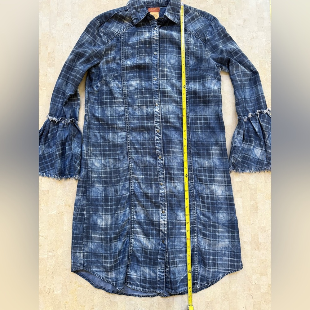 SCULLY  Western Rodeo Dress Womens Long Bell Sleeve Pearl Snap Navy Plaid‎ - S - Picture 7 of 9